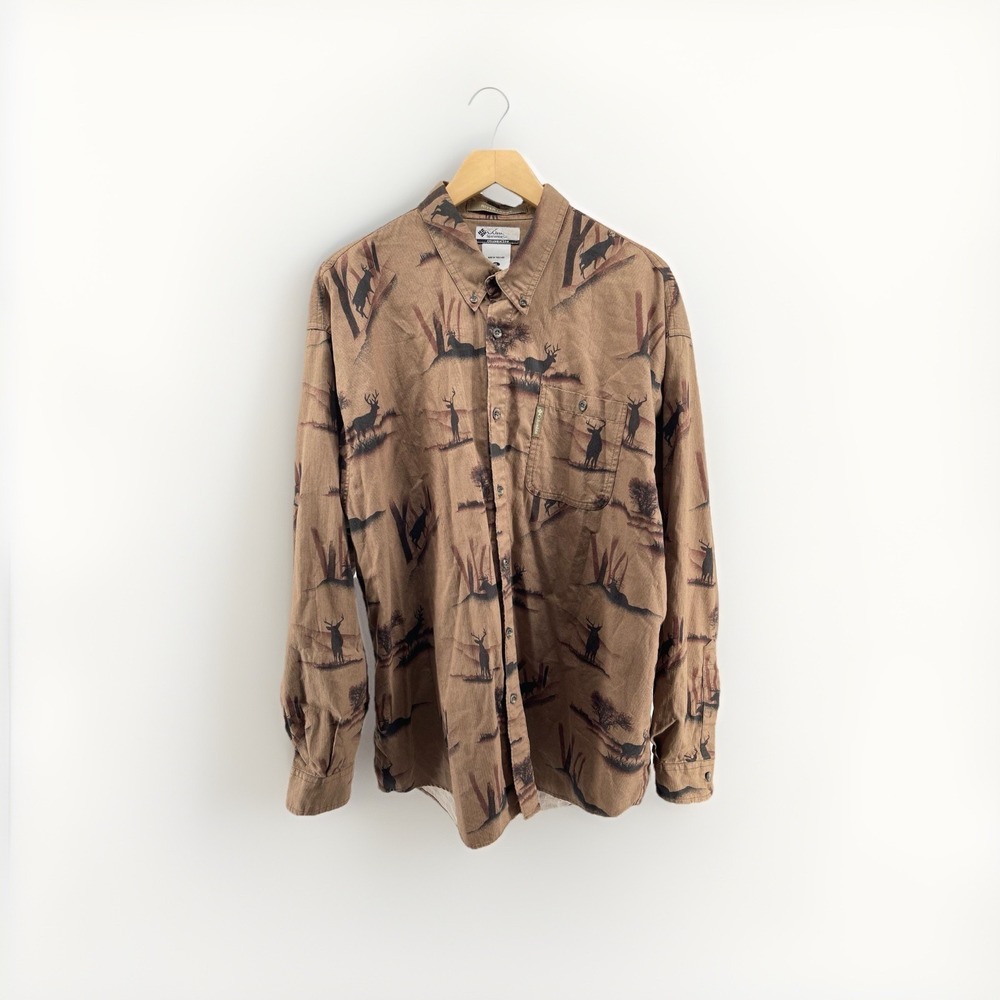 Columbia River Lodge Shirt XL Deer Print Button Up Brown Hunting Outdoors